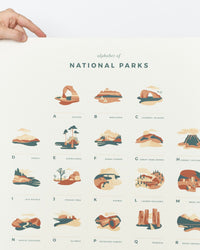 National Parks alphabet print on a cream background.