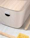 Close up view for the Open Spaces Large Cream Storage Bin with a Wooden lid.